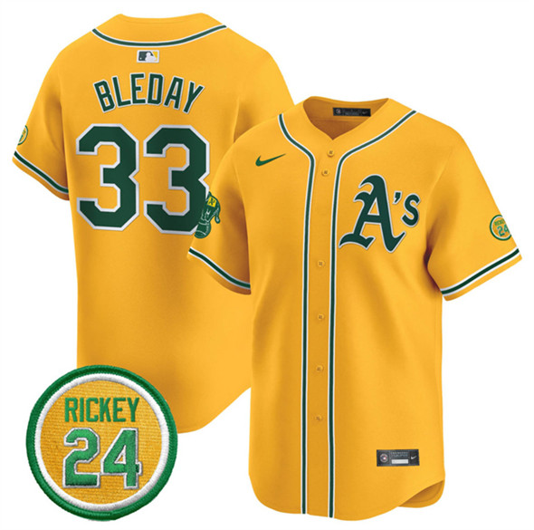 Oakland Athletics #33 JJ Bleday Yellow 2024 Limited With Rickey Henderson Patch Stitched Jersey - Zenithce