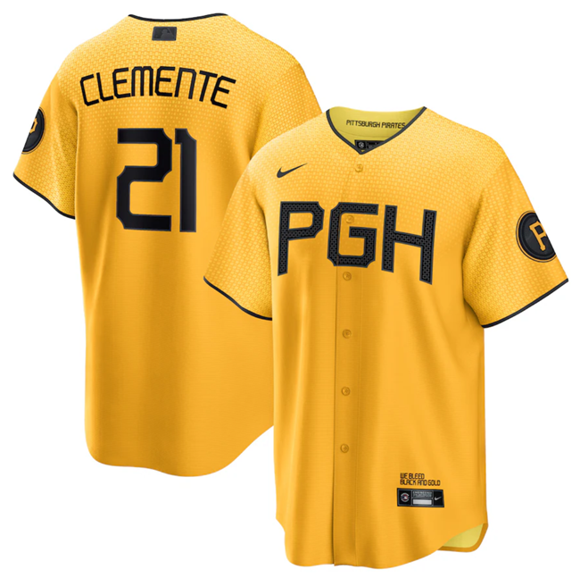 Pittsburgh Pirates #21 Roberto Clemente Gold 2023 City Connect Stitched Jersey - Zenithce