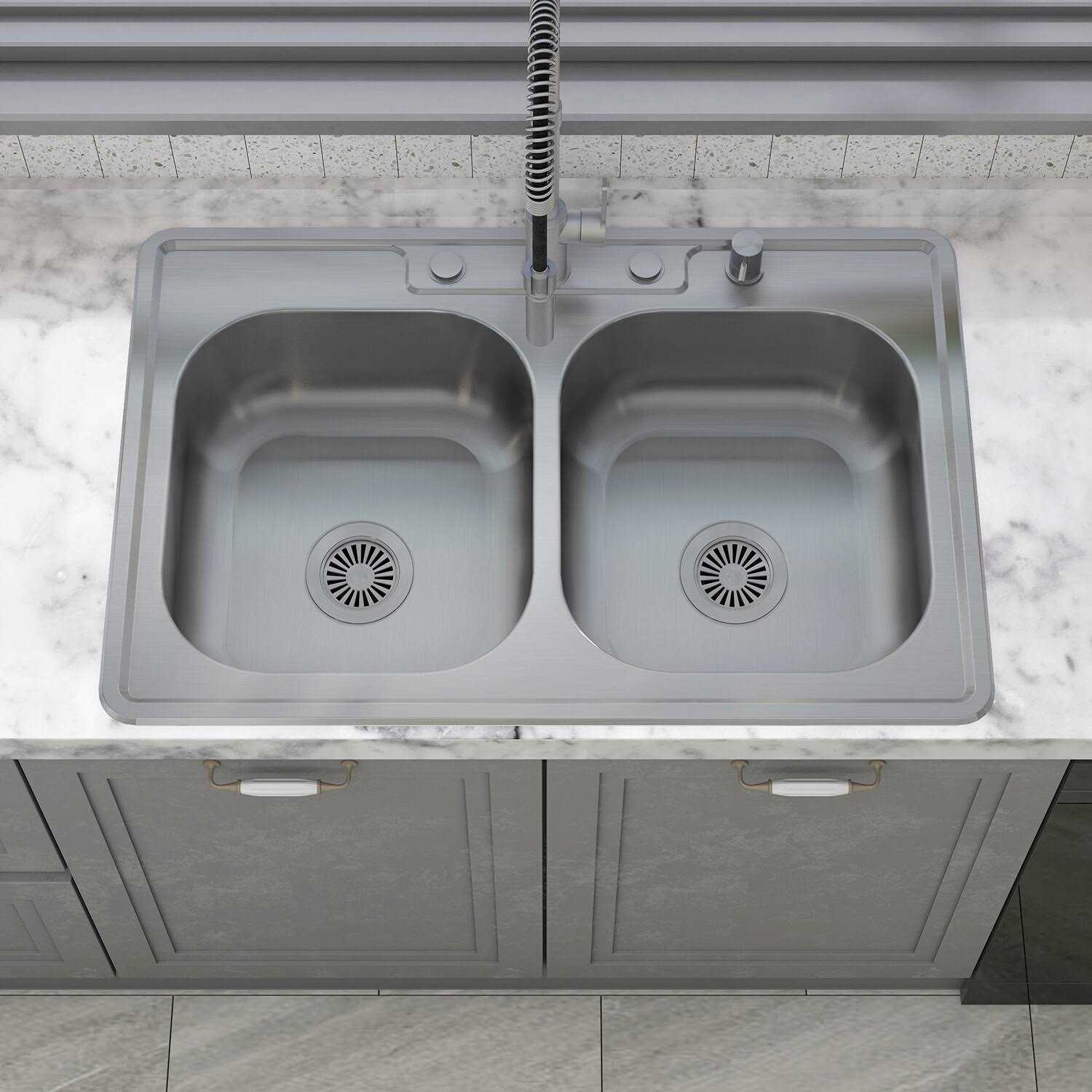 Sinber 33 in. Drop-in Double Bowl 18-Gauge 304 Stainless Steel Workstation Kitchen Sink - Zenithce