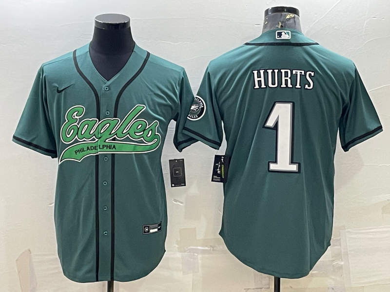 Philadelphia Eagles #1 Jalen Hurts Green With Patch Cool Base Stitched Baseball Jersey - Zenithce