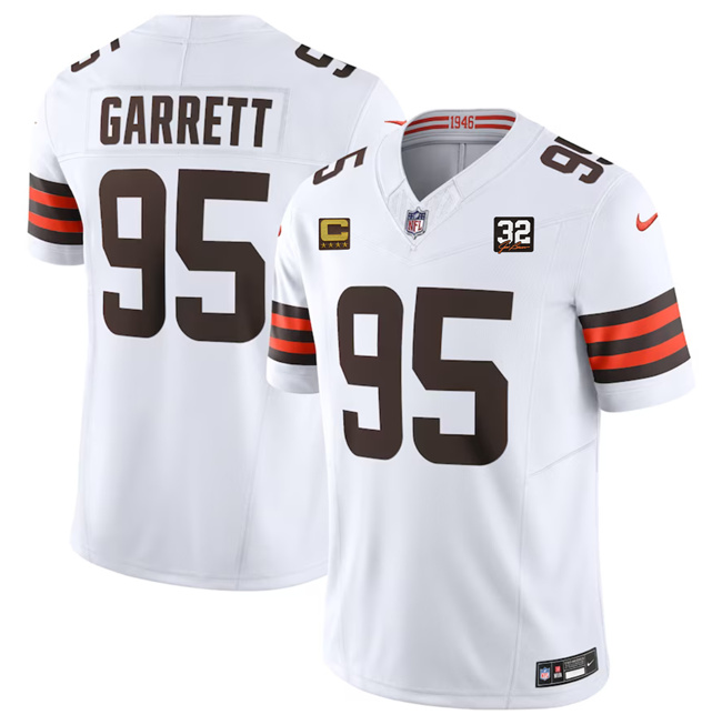 Cleveland Browns #95 Myles Garrett White 2023 F.U.S.E. With 4-Star C Patch And Jim Brown Memorial Patch Vapor Untouchable Limited Stitched Jersey - Zenithce