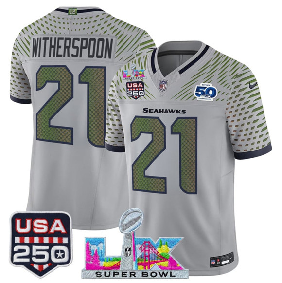 Seattle Seahawks #21 Devon Witherspoon Gray 2025 F.U.S.E. Super Bowl LX US 250th anniversary Patch And 50th Season Patch “Rivalries” Vapor Limited Stitched Jersey - Zenithce