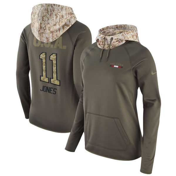 Women's Atlanta Falcons #11 Julio Jones Olive Salute To Service Sideline Therma Pullover Hoodie - Zenithce