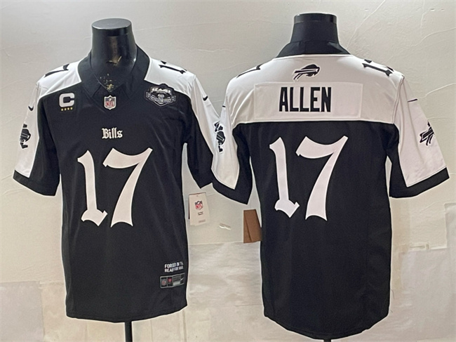 Buffalo Bills #17 Josh Allen Black White 2025 F.U.S.E. 'Gothic Cold Front Edition' With Farewell Patch 4-Star C Patch Vapor Limited Stitched Jersey - Zenithce