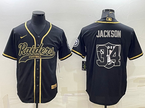 Las Vegas Raiders #34 Bo Jackson Black Gold Team Big Logo With Patch Cool Base Stitched Baseball Jersey - Zenithce