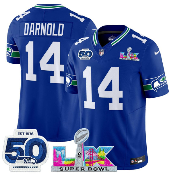 Seattle Seahawks #14 Sam Darnold Royal 2025 F.U.S.E. Super Bowl LX Patch And 50th Season Patch Vapor Throwback Limited Stitched Jersey - Zenithce