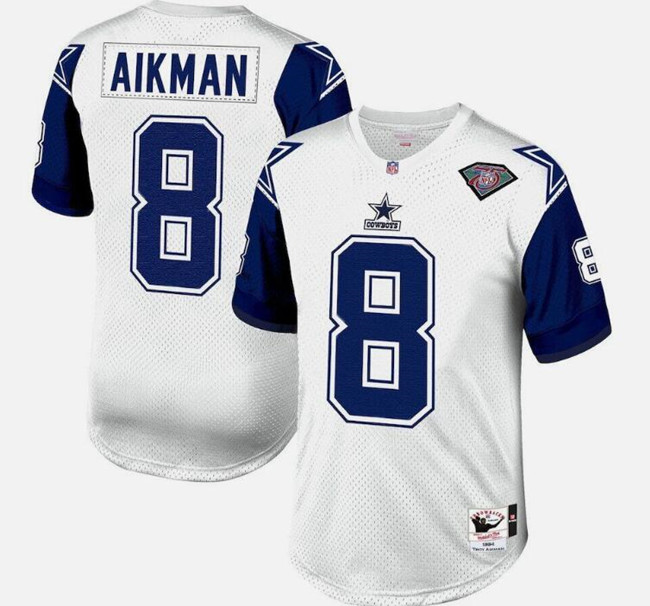 Dallas Cowboys #8 Troy Aikman White 1996 Mitchell Ness Throwback Stitched Jersey - Zenithce
