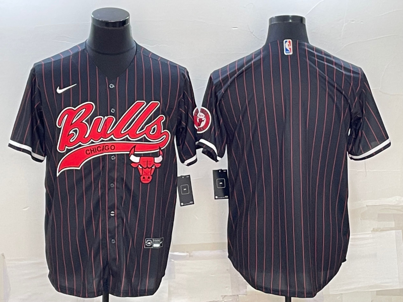 Chicago Bulls Blank Black Pinstripe With Patch Cool Base Stitched Baseball Jersey - Zenithce