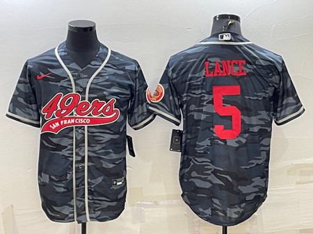 San Francisco 49ers #5 Trey Lance Gray Red Camo With Patch Cool Base Stitched Baseball Jersey - Zenithce