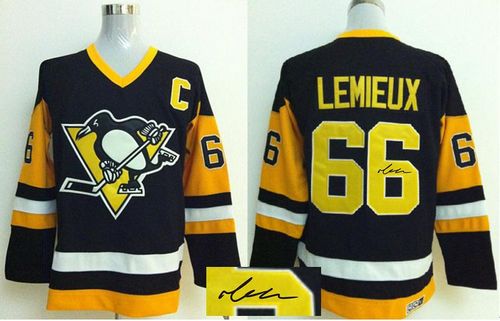 Penguins #66 Mario Lemieux Black CCM Throwback Autographed Stitched Jersey - Zenithce