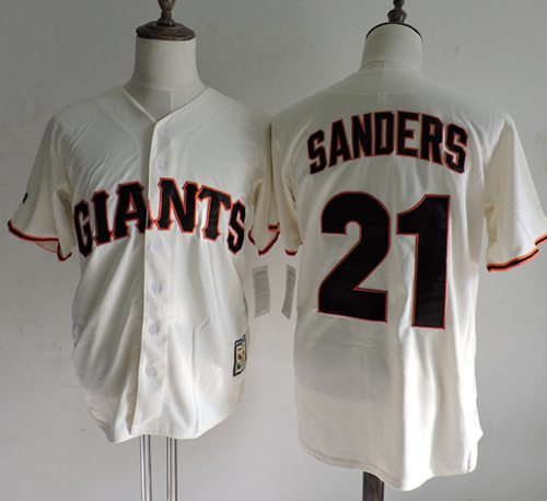 Mitchell And Ness Giants #21 Deion Sanders Cream Throwback Stitched Jersey - Zenithce