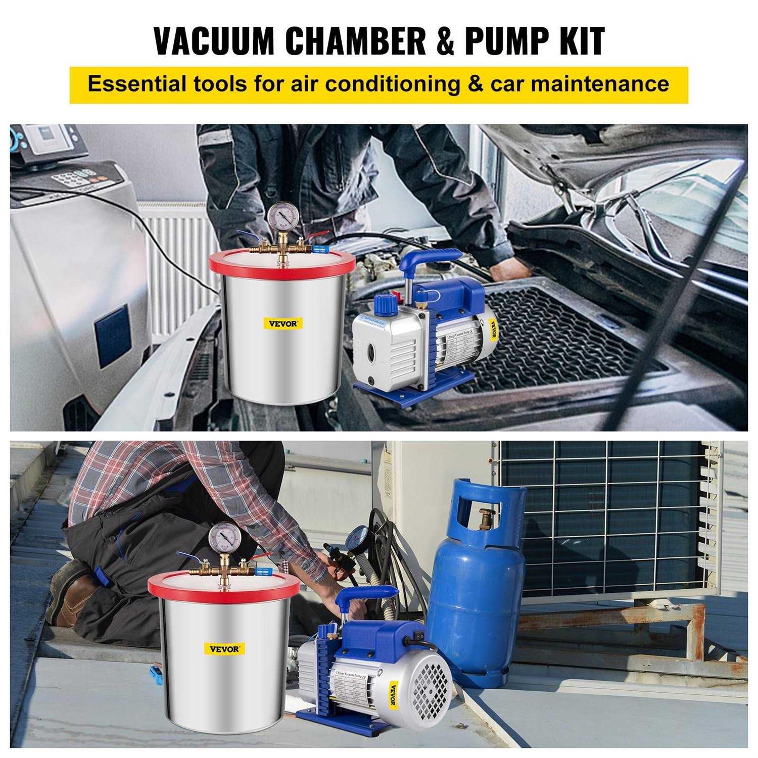 VEVOR Vacuum Pump 2 Gallon Vacuum Chamber Silicone Expoxy Degassing with 4CFM 1/3HP Single Stage Vacuum Gauge QCKTZKB4CFM1-3J2TV1 - Zenithce