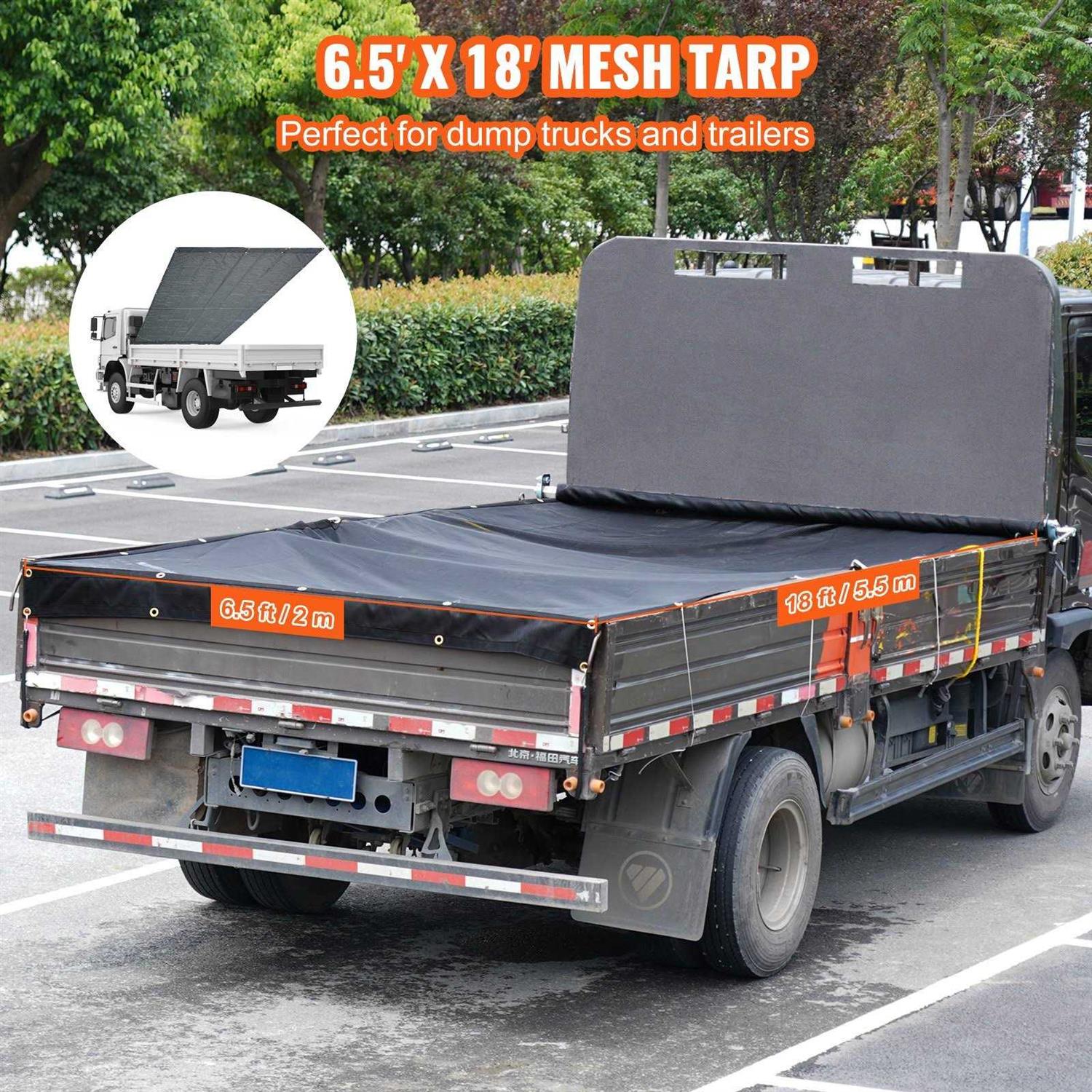 VEVOR Dump Truck Mesh Tarp PVC Coated Black Heavy Duty Cover with 5.5 18oz Double Pocket - Zenithce