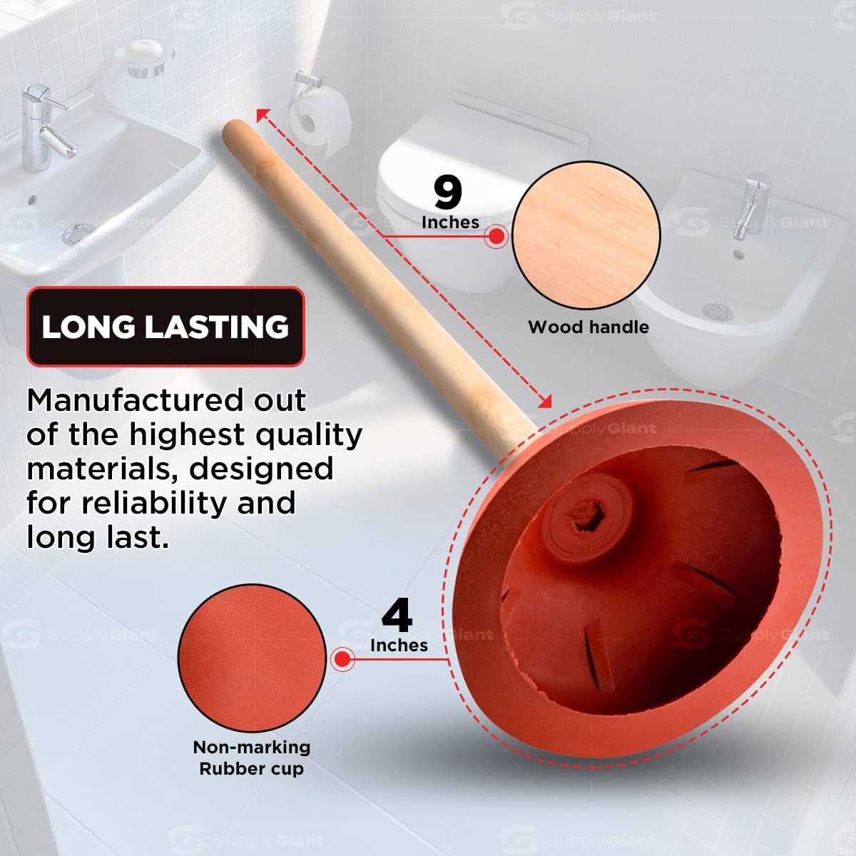 SUPPLYGIANT Heavy Duty Toilet Plunger For Bathroom Strong Suction Force Cup Rubber with 18 in. Wooden Handle to Fix Clogged Toilets and Drains - Zenithce