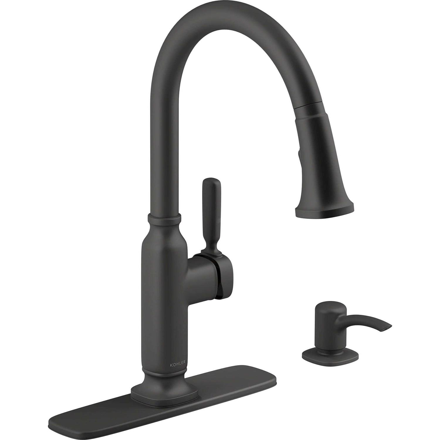 KOHLER Ealing Pre-Rinse Spring Vibrant Stainless Single Handle Pull-down Kitchen Faucet with Deck Plate and Soap Dispenser Included | K-R28702-SD-VS - Zenithce