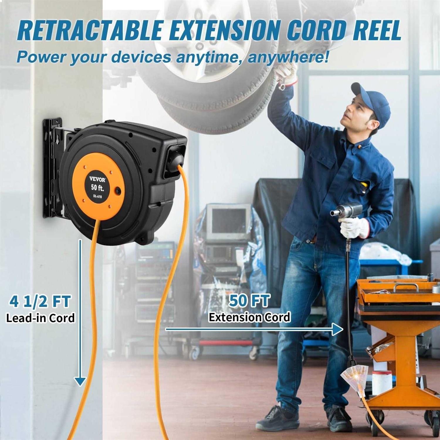 VEVOR Retractable Extension Cord Reel Heavy Duty 3C SJTOW Power Cord - Zenithce