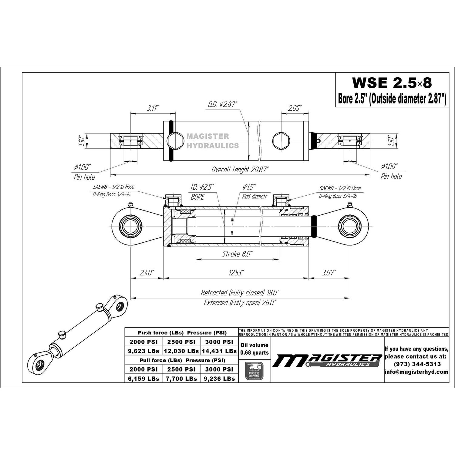 Magister Hydraulics 2.5 bore x stroke swivel eye Hydraulic Cylinder - Zenithce