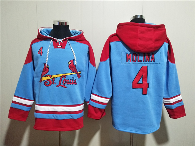 St.Louis Cardinals #4 Yadier Molina Blue Ageless Must-Have Lace-Up Pullover Hoodie - Zenithce