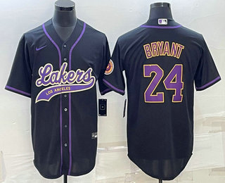 Los Angeles Lakers #24 Kobe Bryant Black With Patch Cool Base Stitched Baseball Jersey - Zenithce