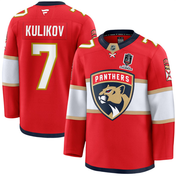 Florida Panthers #7 Dmitry Kulikov Red Home 2025 Stanley Cup Champions Patch Stitched Jersey - Zenithce
