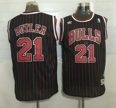Chicago Bulls #21 Jimmy Butler Black Pinstripe Hardwood Classics Soul Swingman Throwback Jersey - Zenithce