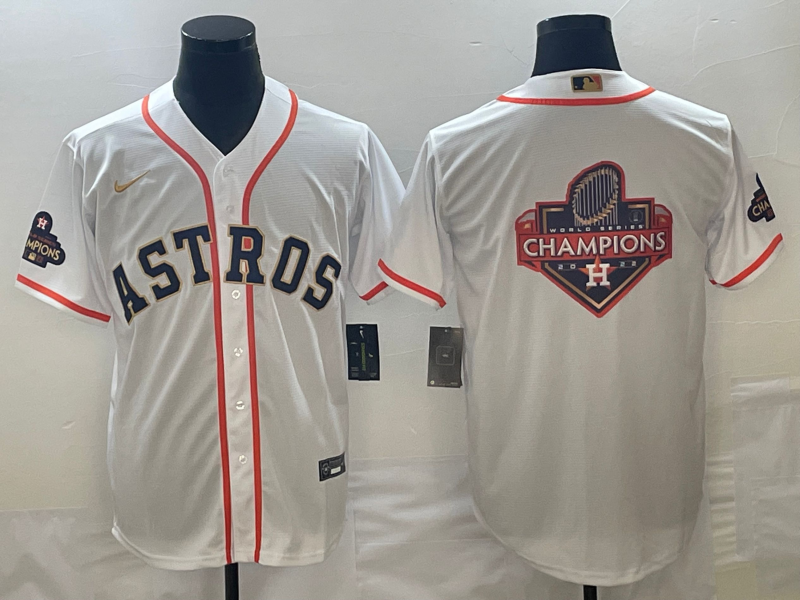 Houston Astros White 2023 Gold Collection With World Serise Champions Patch Team Big Logo Cool Base Stitched Jersey - Zenithce