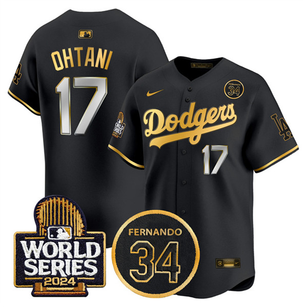 Los Angeles Dodgers #17 Shohei Ohtani Black Gold 2024 World Series With Fernando Memorial Patch Limited Stitched Jersey - Zenithce