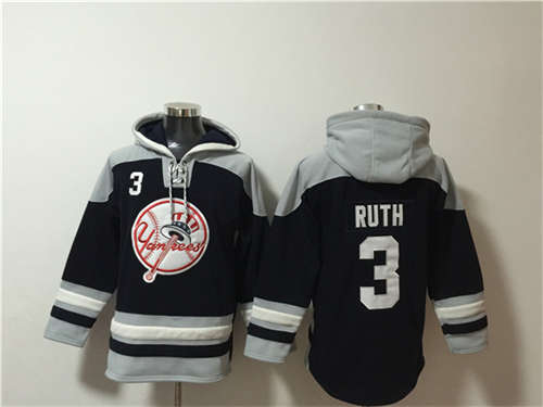 New York Yankees #3 Babe Ruth Black Grey Ageless Must-Have Lace-Up Pullover Hoodie - Zenithce
