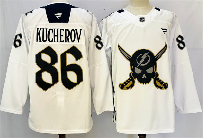 Tampa Bay Lightning #86 Nikita Kucherov 2024-25 White Gasparilla Inspired Pirate-Themed Warmup Stitched Jersey - Zenithce