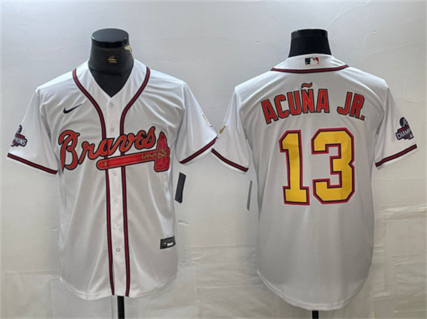 Atlanta Braves #13 Ronald Acuña Jr. White Gold World Series Champions Cool Base Stitched Jersey - Zenithce