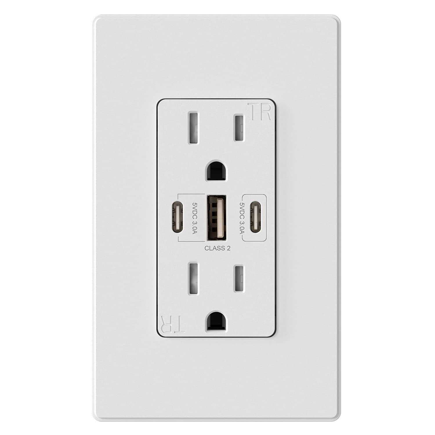 Elegrp 30W 6.0 Amp 3-Port USB Wall Outlet 15 Amp Receptacle USB Type C - Zenithce