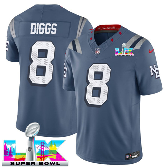 New England Patriots #8 Stefon Diggs Storm Blue 2025 F.U.S.E. Super Bowl LX Patch “Rivalries” Vapor Limited Stitched Jersey - Zenithce