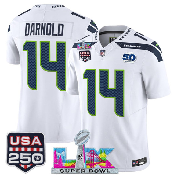 Seattle Seahawks #14 Sam Darnold White 2025 F.U.S.E. Super Bowl LX Patch And 50th Season USA 250' Patch Vapor Limited Stitched Jersey - Zenithce