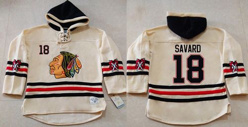 Blackhawks #18 Denis Savard Cream Heavyweight Pullover Hoodie Stitched NHL Jersey - Zenithce