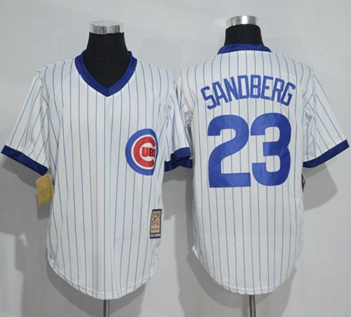 Cubs #23 Ryne Sandberg White Strip Home Cooperstown Stitched Jersey - Zenithce