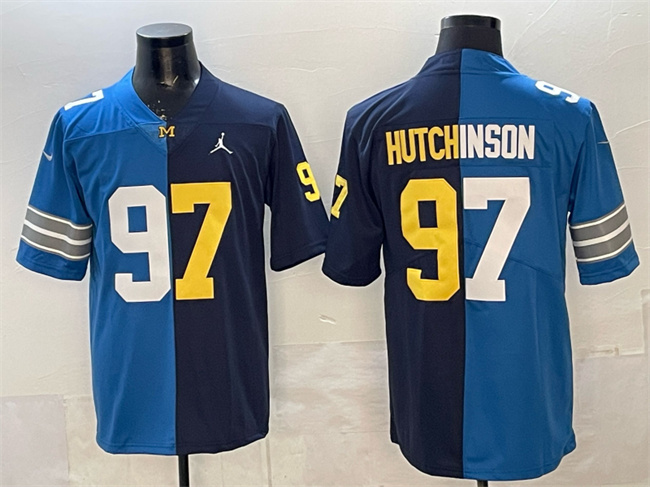Detroit Lions X Wolverines #97 Aidan Hutchinson Blue Navy Split Vapor Limited Stitched Jersey - Zenithce