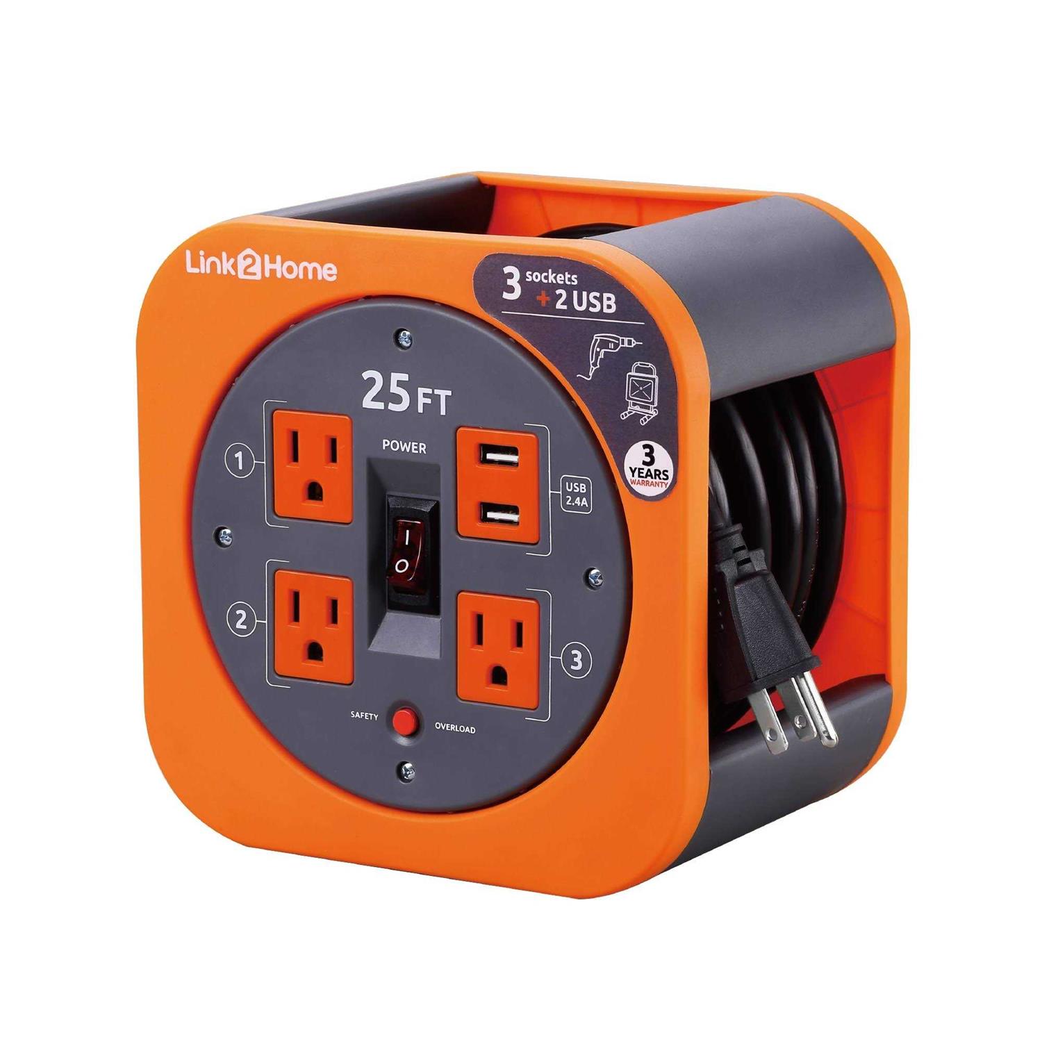 Link2Home 20 Ft. Extension Cord Reel with 4 Power Outlets - Zenithce