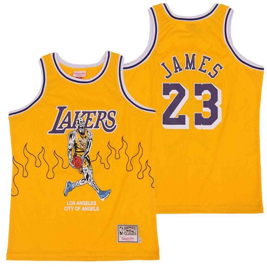 Los Angeles Lakers #23 LeBron James Yellow Hardwood Classics Skull Edition Jersey - Zenithce