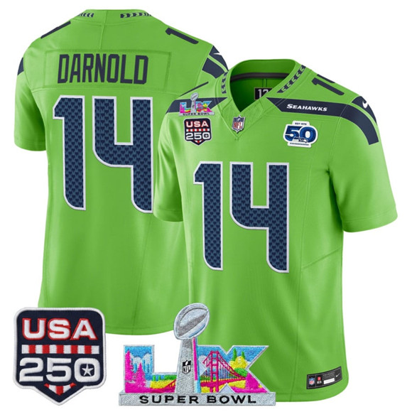 Seattle Seahawks #14 Sam Darnold Green 2025 F.U.S.E. Super Bowl LX Patch And 50th Season USA 250' Patch Vapor Limited Stitched Jersey - Zenithce
