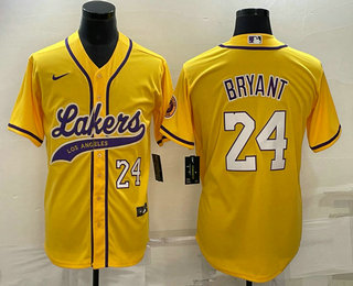 Los Angeles Lakers #24 Kobe Bryant Number Yellow With Patch Cool Base Stitched Baseball Jersey - Zenithce
