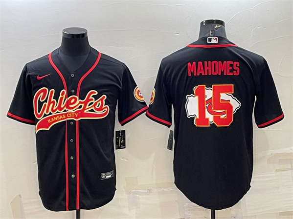 Kansas City Chiefs #15 Patrick Mahomes Black Team Big Logo With Patch Cool Base Stitched Baseball Jersey - Zenithce