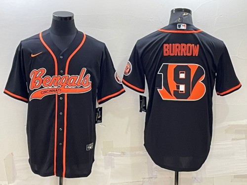 Cincinnati Bengals #9 Joe Burrow Black Team Big Logo With Patch Cool Base Stitched Baseball Jersey - Zenithce