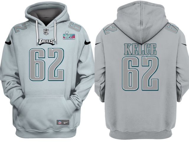 Philadelphia Eagles #62 Jason Kelce Grey Atmosphere Fashion Super Bowl LVII Patch Pullover Hoodie - Zenithce