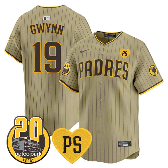 San Diego Padres #19 Tony Gwynn Tan 'For Peter' And Petco Park 20th Patch Limited Stitched Jersey - Zenithce