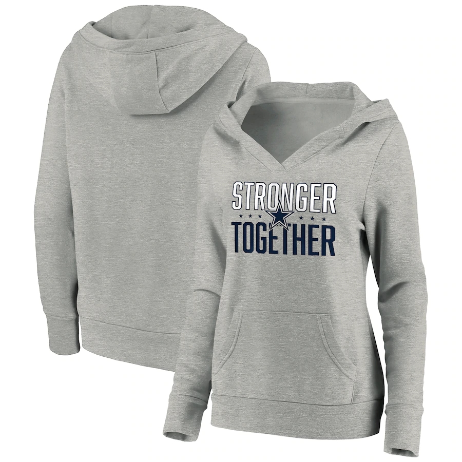 Women's Dallas Cowboys Heather Gray Stronger Together Crossover Neck Pullover Hoodie(Run Small) - Zenithce