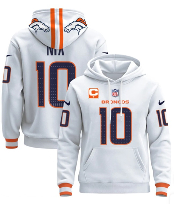 Denver Broncos #10 Bo Nix White With 1-Star C Patch Pullover Hoodie - Zenithce