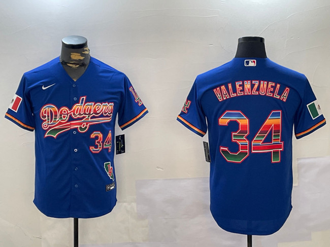 Los Angeles Dodgers #34 Fernando Valenzuela Royal Mexico California Patch Cool Base Stitched Jersey - Zenithce