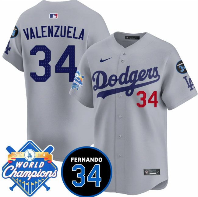 Los Angeles Dodgers #34 Fernando Valenzuela Gray 2024 World Champions Fernando Memorial Patch Vapor Premier Limited Stitched Jersey - Zenithce