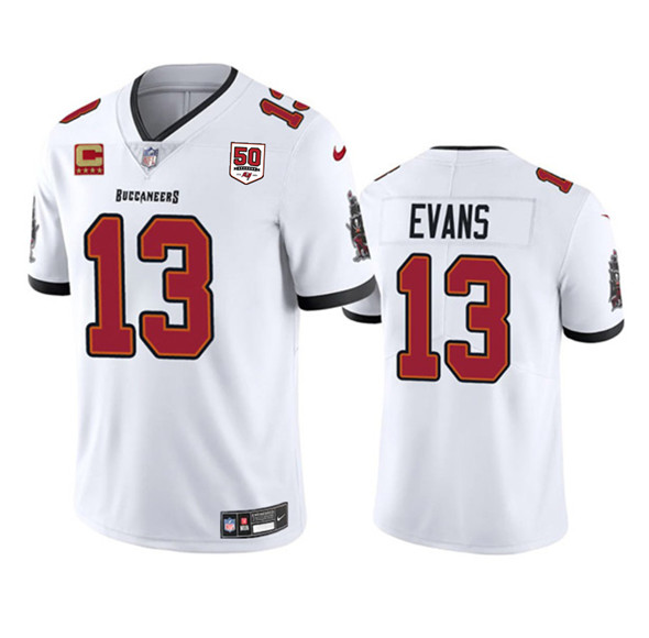 Tampa Bay Buccaneers #13 Mike Evans White 2025 50th Anniversary Patch And 4-Star C Patch Vapor Untouchable Limited Football Stitched Jersey - Zenithce