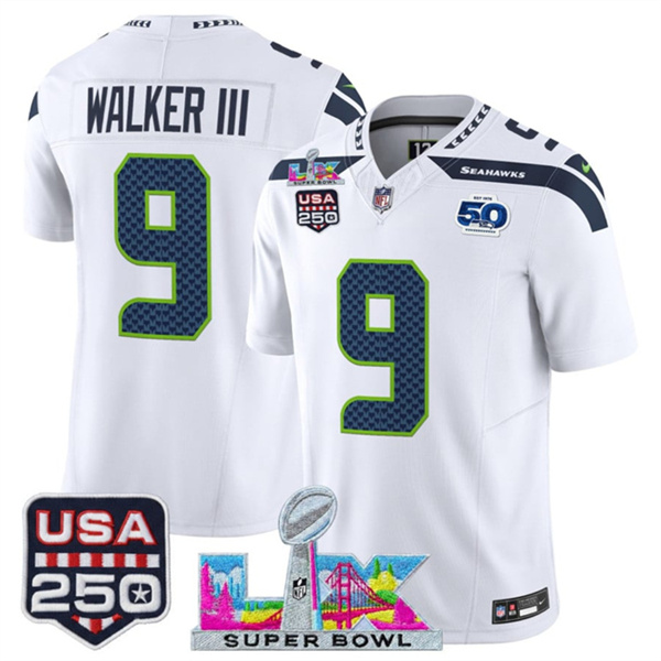 Seattle Seahawks #9 Kenneth Walker III White 2025 F.U.S.E. Super Bowl LX Patch And 50th Season USA 250' Patch Vapor Limited Stitched Jersey - Zenithce